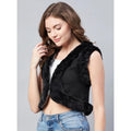  Women's Denim And Fur Solid Sleeveless Shrug (Black)