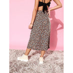 Generic Women's Polyester Floral Side Zip Skirt (Grey - Coral)