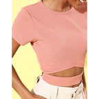 Generic Women's Polyester Lycra Solid Short Sleeve Top (Pink)