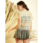 Generic Women's Polyester Lace Self Design Short Sleeve Top (Yellow)