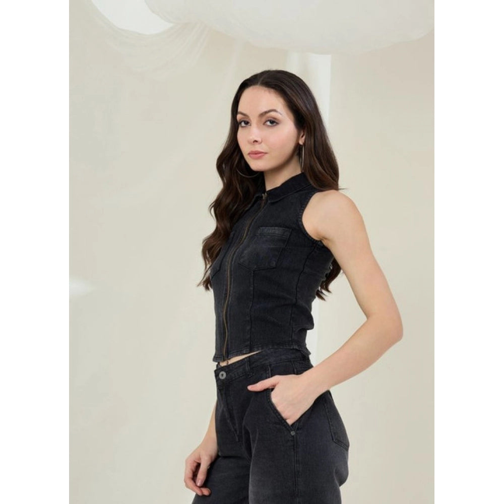 Generic Women's Denim Lycra Solid Sleeveless Top (Black)