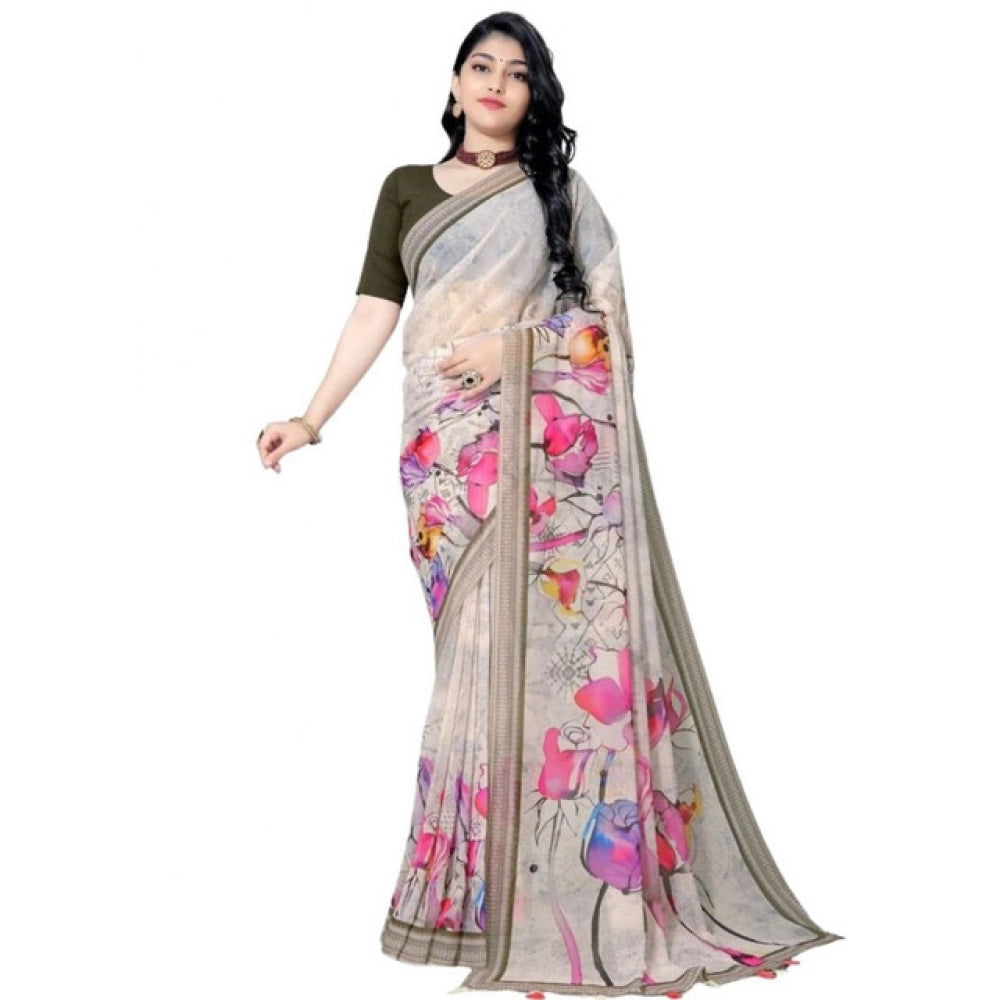 Generic Women's Georgette Floral Printed Saree With Unstitched Blouse 5.5MtrÂ (Beige)