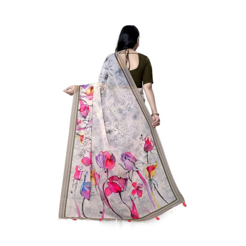 Generic Women's Georgette Floral Printed Saree With Unstitched Blouse 5.5MtrÂ (Beige)