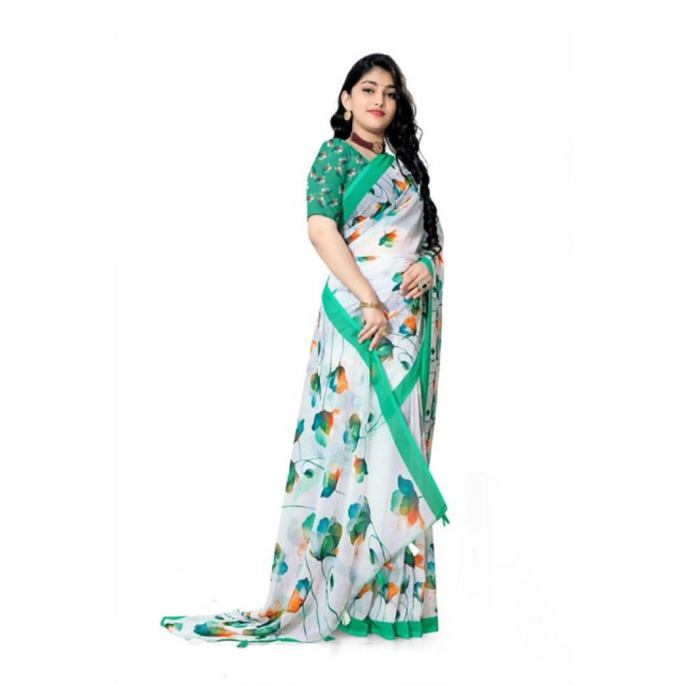 Generic Women's Georgette Floral Printed Saree With Unstitched Blouse 5.5MtrÂ (Green)