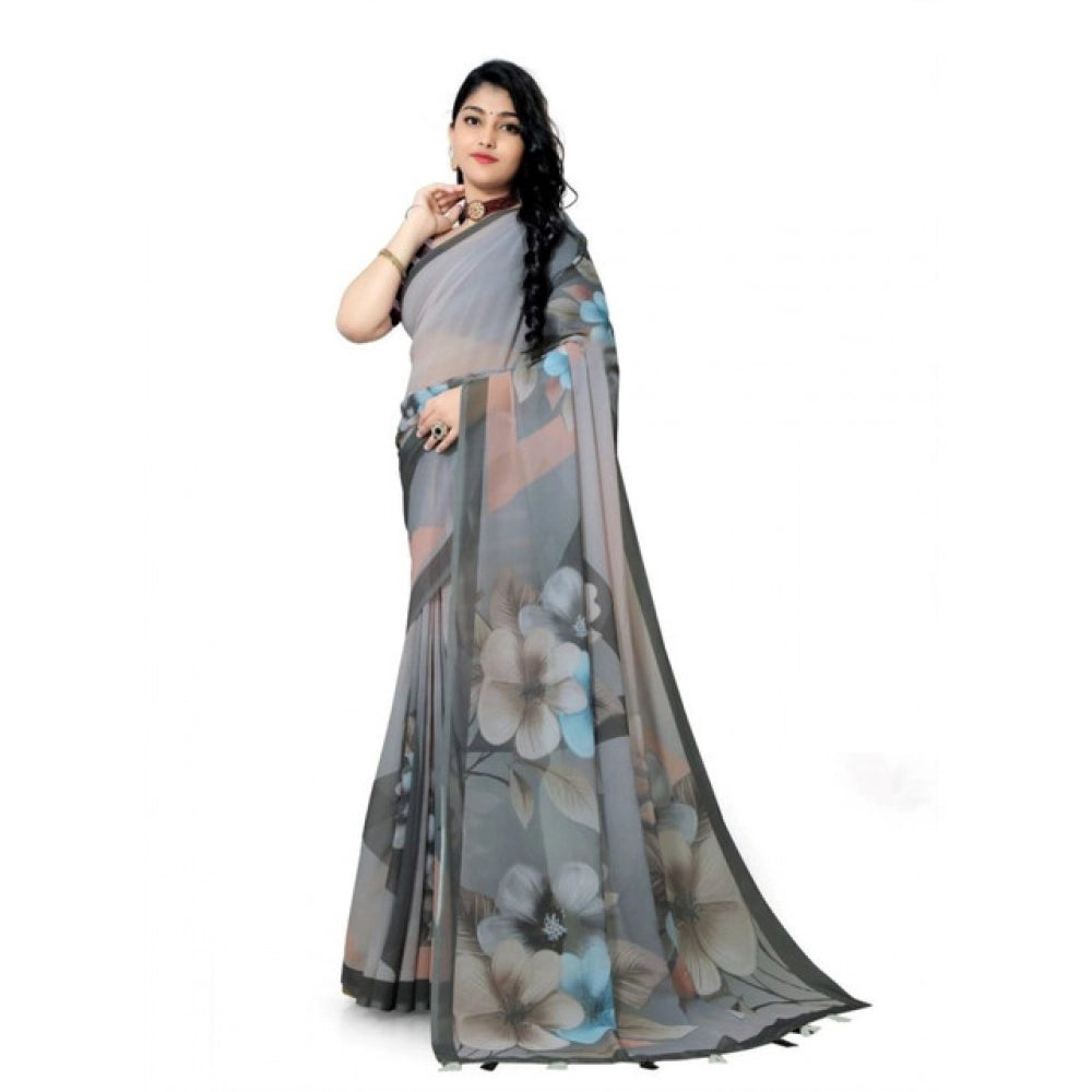 Generic Women's Georgette Floral Printed Saree With Unstitched Blouse 5.5MtrÂ (Grey)