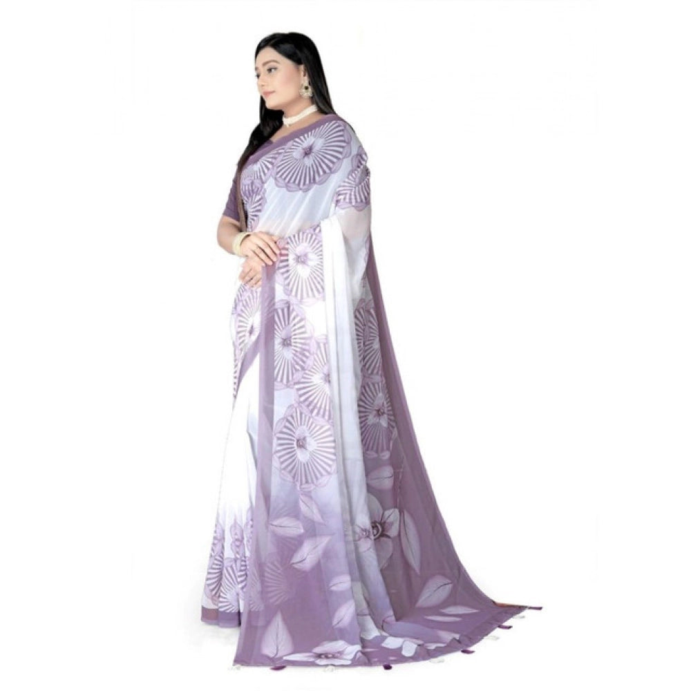 Generic Women's Georgette Floral Printed Saree With Unstitched Blouse 5.5MtrÂ (Lavender)