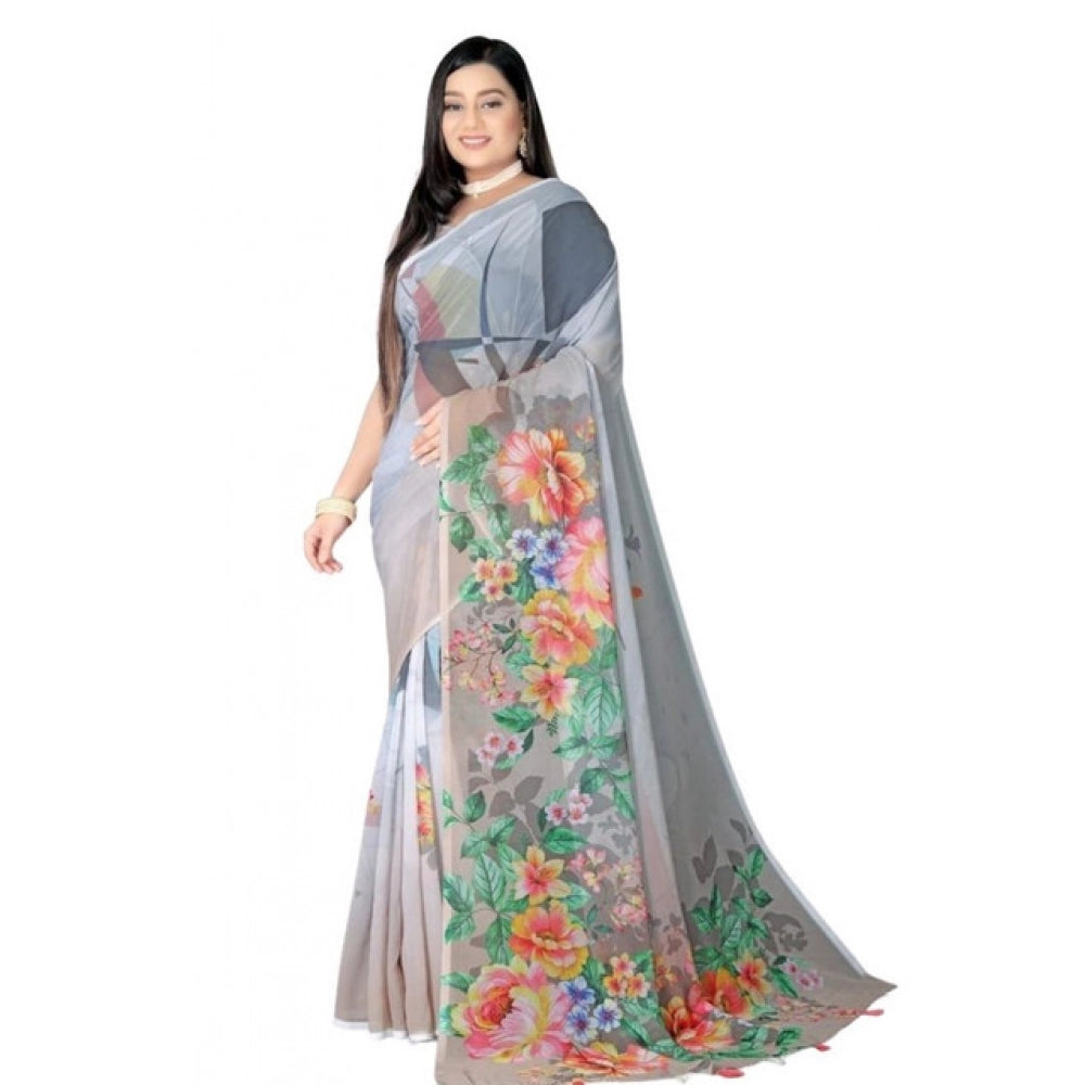 Generic Women's Georgette Floral Printed Saree With Unstitched Blouse 5.5MtrÂ (Grey)