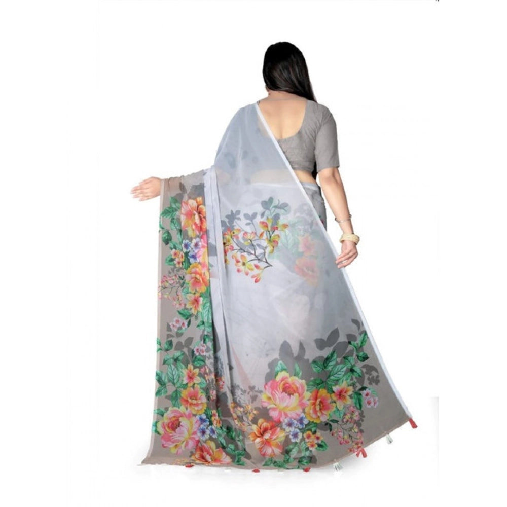 Generic Women's Georgette Floral Printed Saree With Unstitched Blouse 5.5MtrÂ (Grey)