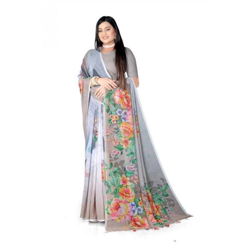 Generic Women's Georgette Floral Printed Saree With Unstitched Blouse 5.5MtrÂ (Grey)