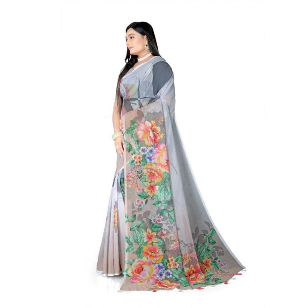 Generic Women's Georgette Floral Printed Saree With Unstitched Blouse 5.5MtrÂ (Grey)