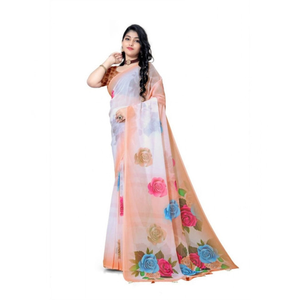 Generic Women's Georgette Floral Printed Saree With Unstitched Blouse 5.5MtrÂ (Orange)