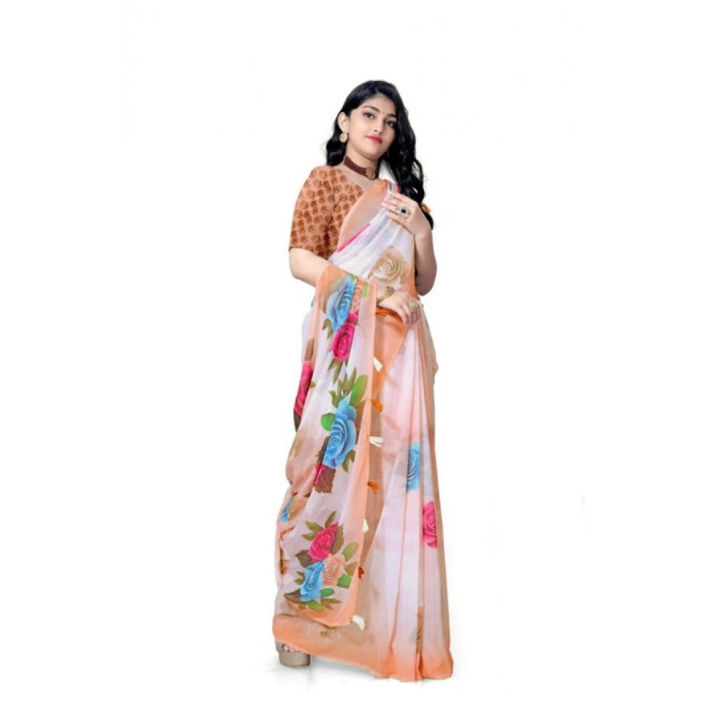 Generic Women's Georgette Floral Printed Saree With Unstitched Blouse 5.5MtrÂ (Orange)