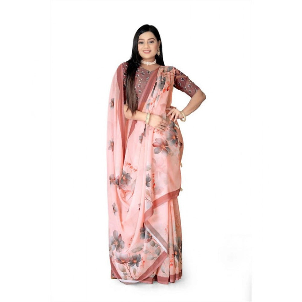 Generic Women's Georgette Floral Printed Saree With Unstitched Blouse 5.5MtrÂ (Peach)