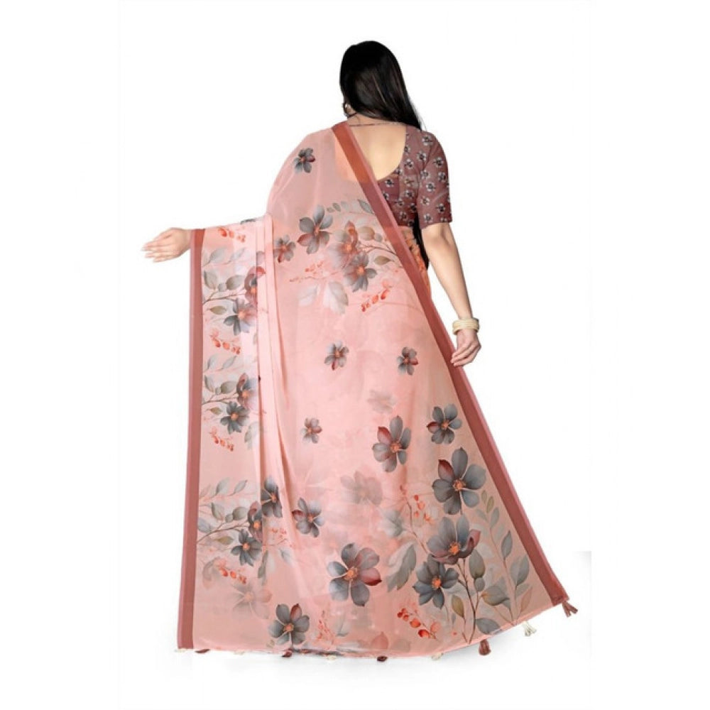 Generic Women's Georgette Floral Printed Saree With Unstitched Blouse 5.5MtrÂ (Peach)