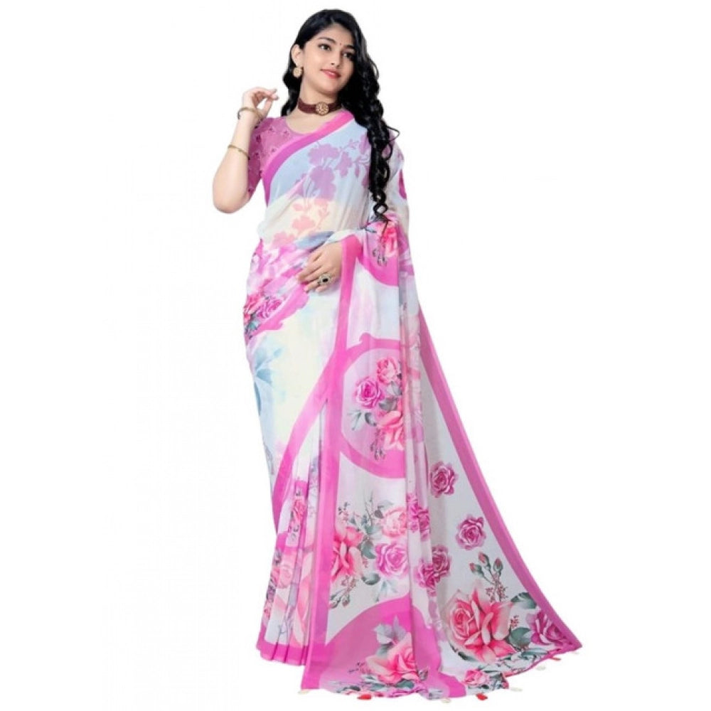 Generic Women's Georgette Floral Printed Saree With Unstitched Blouse 5.5MtrÂ (Pink)