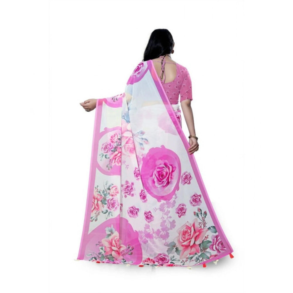 Generic Women's Georgette Floral Printed Saree With Unstitched Blouse 5.5MtrÂ (Pink)