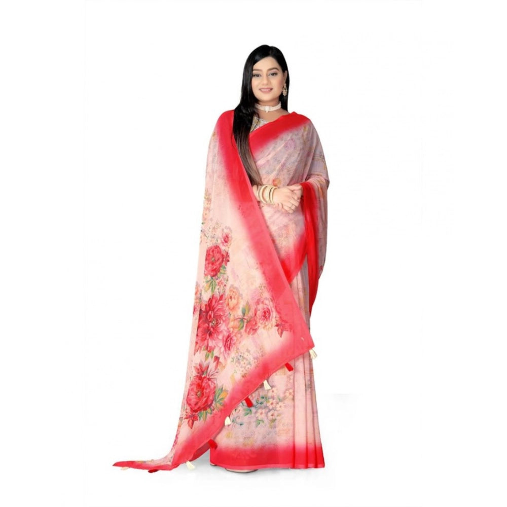 Generic Women's Georgette Floral Printed Saree With Unstitched Blouse 5.5MtrÂ (Red)