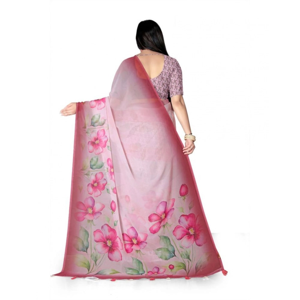 Generic Women's Georgette Floral Printed Saree With Unstitched Blouse 5.5MtrÂ (Rose Pink)