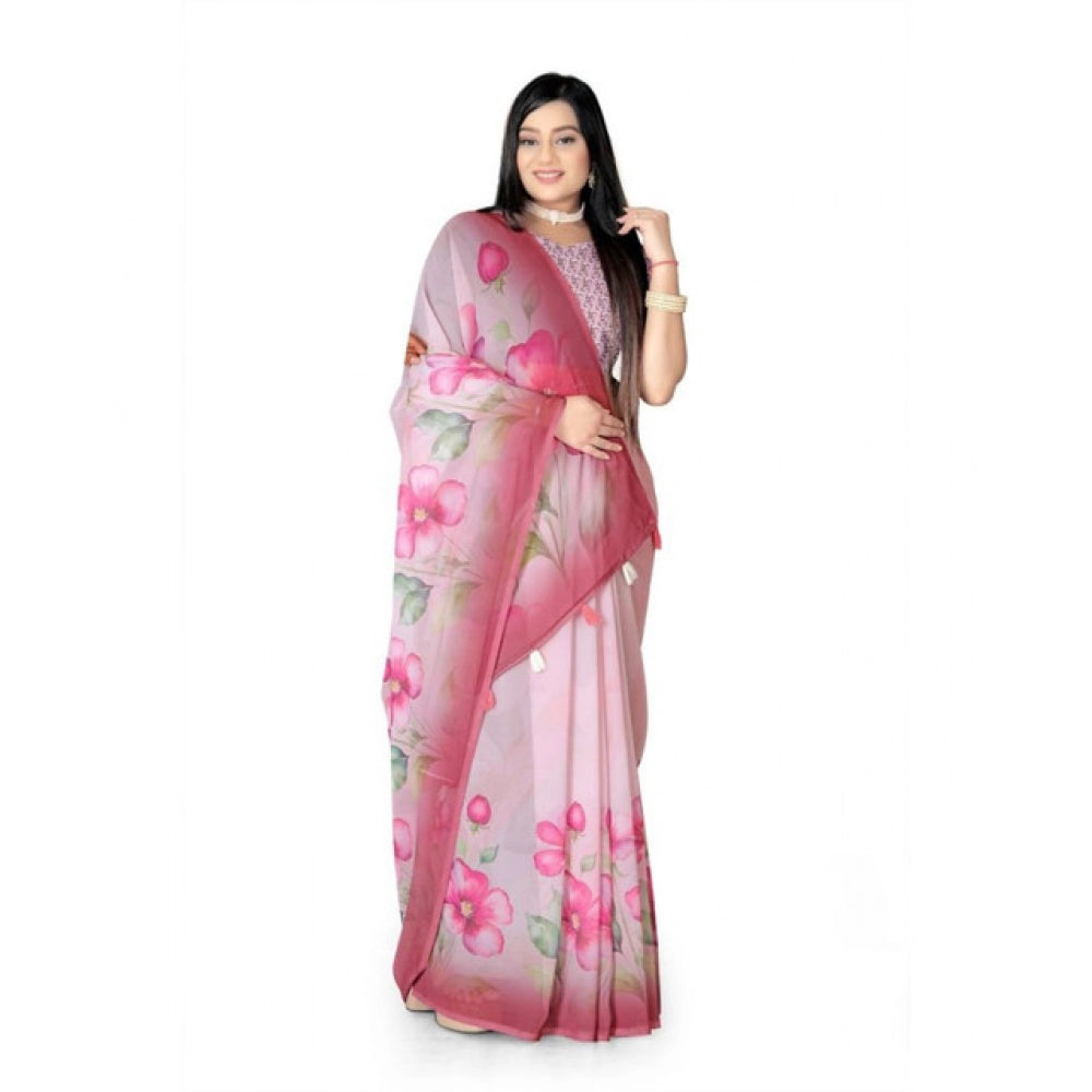 Generic Women's Georgette Floral Printed Saree With Unstitched Blouse 5.5MtrÂ (Rose Pink)