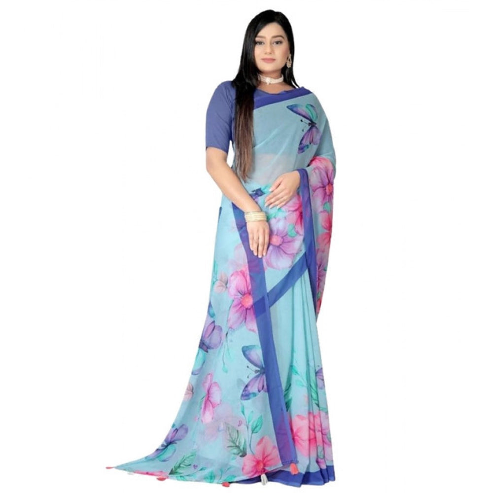 Generic Women's Georgette Floral Printed Saree With Unstitched Blouse 5.5MtrÂ (Blue)