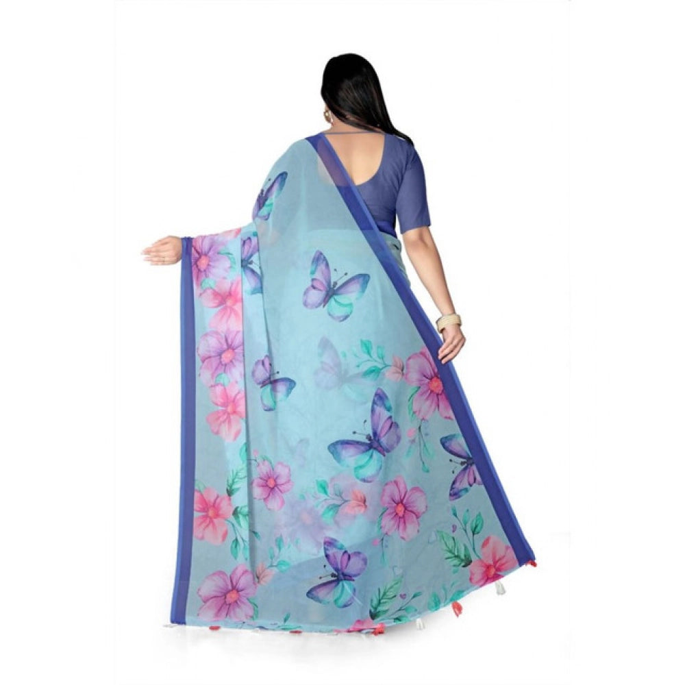 Generic Women's Georgette Floral Printed Saree With Unstitched Blouse 5.5MtrÂ (Blue)
