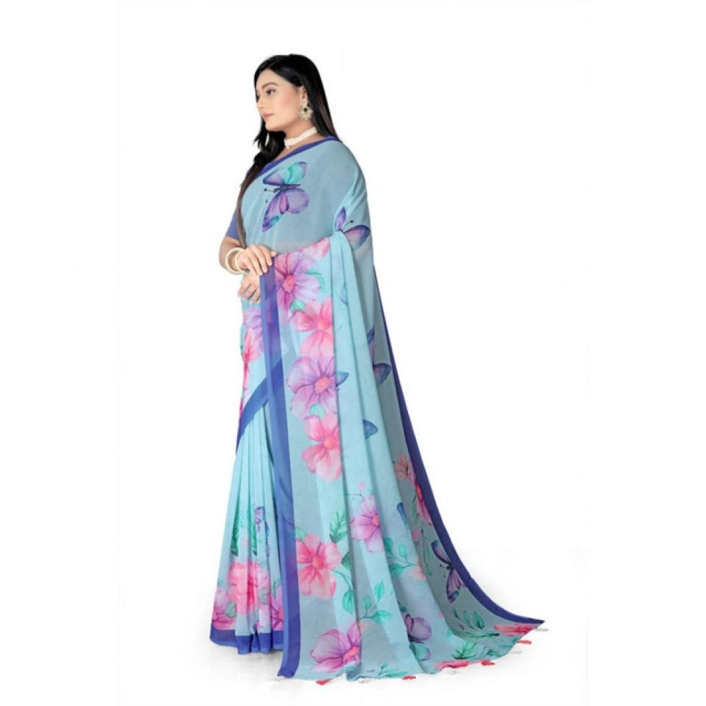 Generic Women's Georgette Floral Printed Saree With Unstitched Blouse 5.5MtrÂ (Blue)