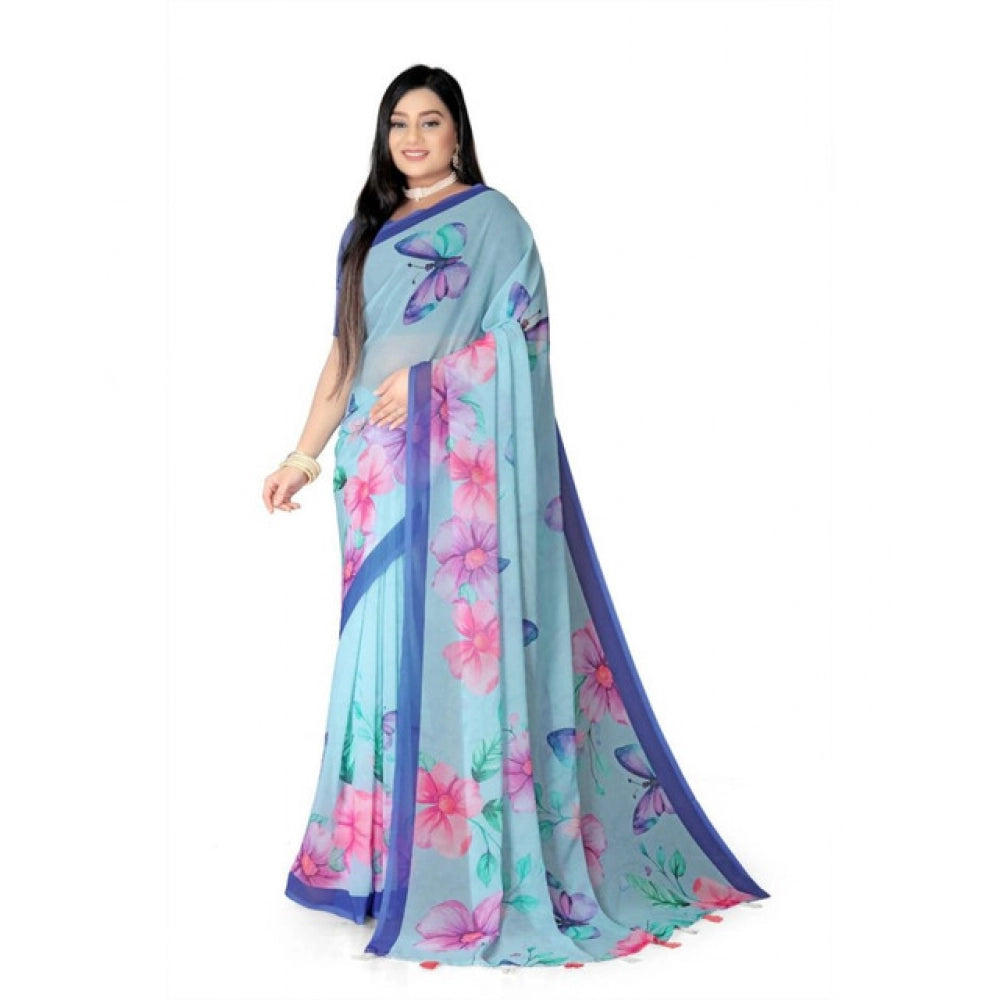 Generic Women's Georgette Floral Printed Saree With Unstitched Blouse 5.5MtrÂ (Blue)