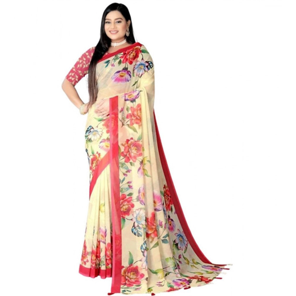 Generic Women's Georgette Floral Printed Saree With Unstitched Blouse 5.5MtrÂ (Yellow)