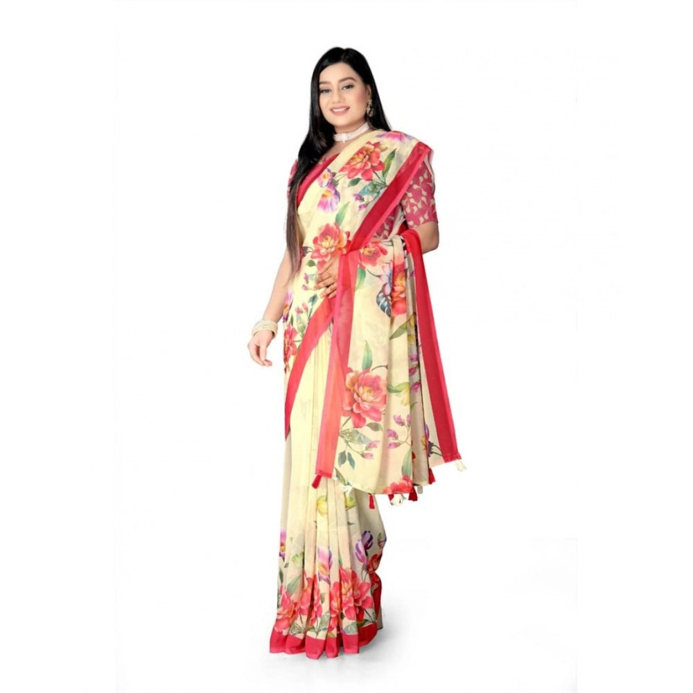 Generic Women's Georgette Floral Printed Saree With Unstitched Blouse 5.5MtrÂ (Yellow)