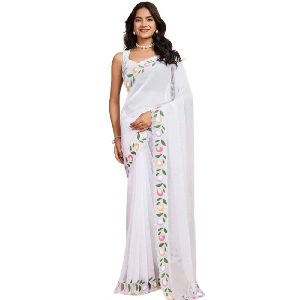 Generic Women's Georgette Printed Saree With Unstitched Blouse 5.5MtrÂ (White)
