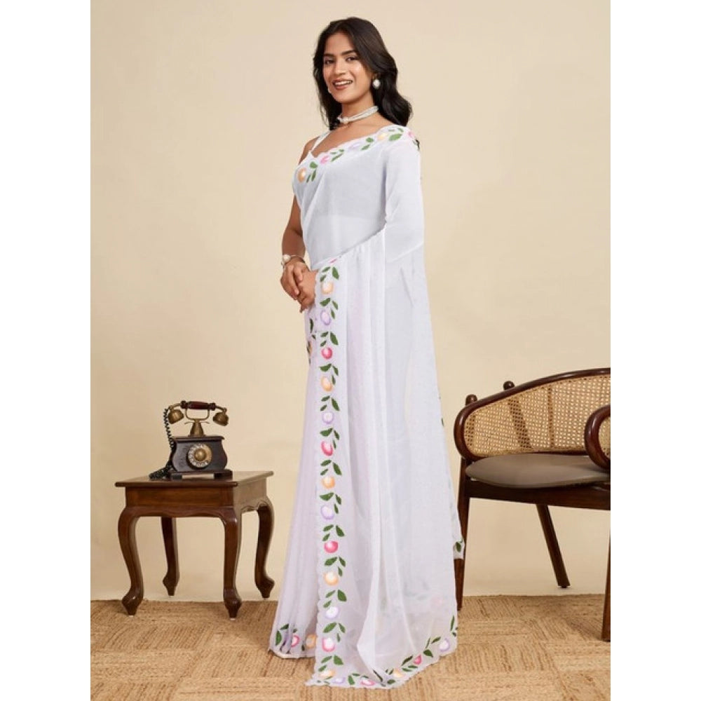 Generic Women's Georgette Printed Saree With Unstitched Blouse 5.5MtrÂ (White)