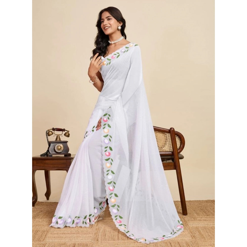 Generic Women's Georgette Printed Saree With Unstitched Blouse 5.5MtrÂ (White)