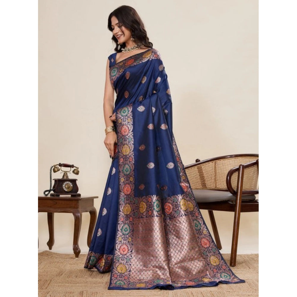 Generic Women's Faux_Banarasi_Silk Woven Saree With Unstitched Blouse 5.5MtrÂ (Navy_Blue)