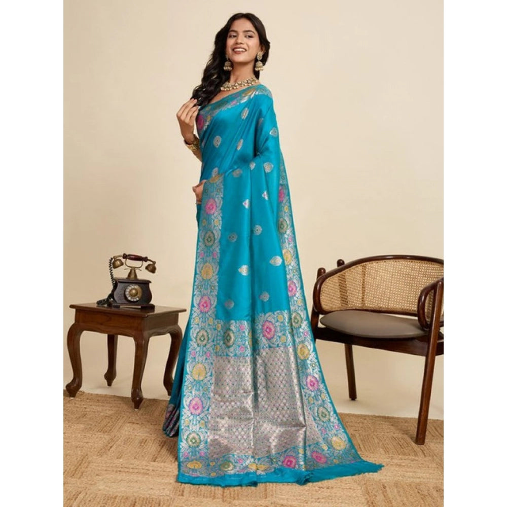 Generic Women's Faux_Banarasi_Silk Woven Saree With Unstitched Blouse 5.5MtrÂ (Turquoise)