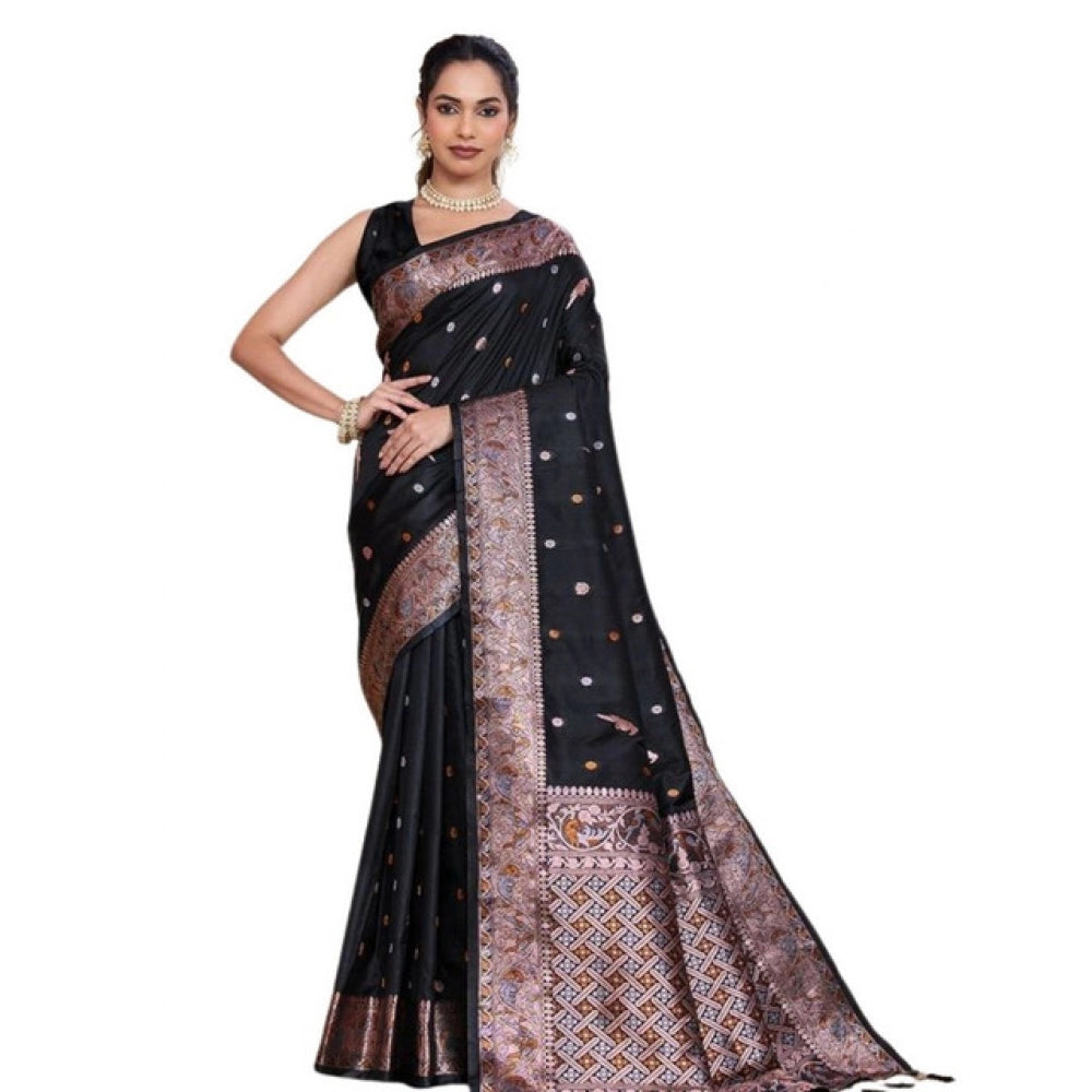 Generic Women's Jacquard Woven Saree With Unstitched Blouse 5.5MtrÂ (Black)