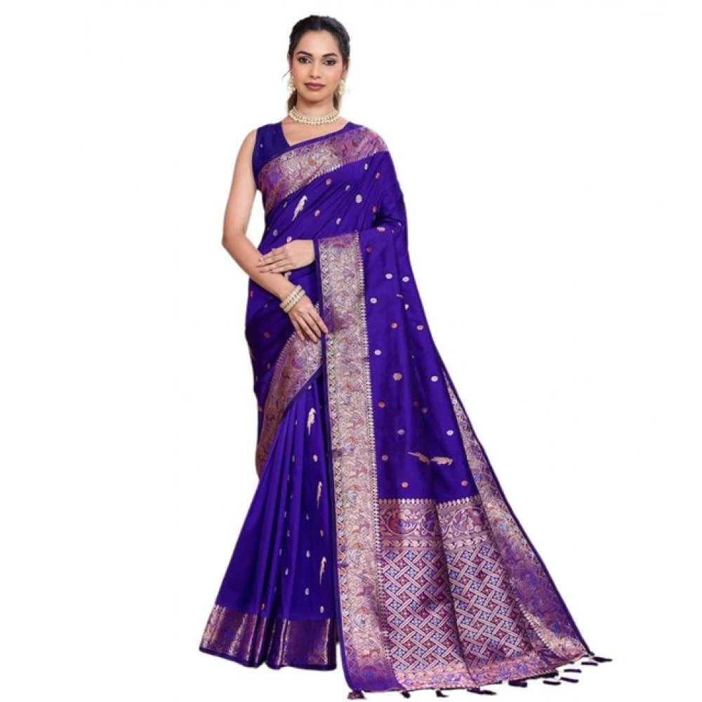 Generic Women's Jacquard Woven Saree With Unstitched Blouse 5.5MtrÂ (Blue)