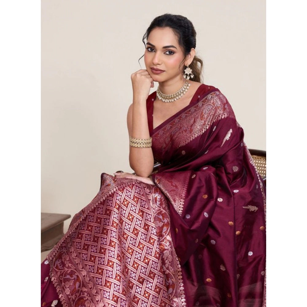 Generic Women's Jacquard Woven Saree With Unstitched Blouse 5.5MtrÂ (Maroon)