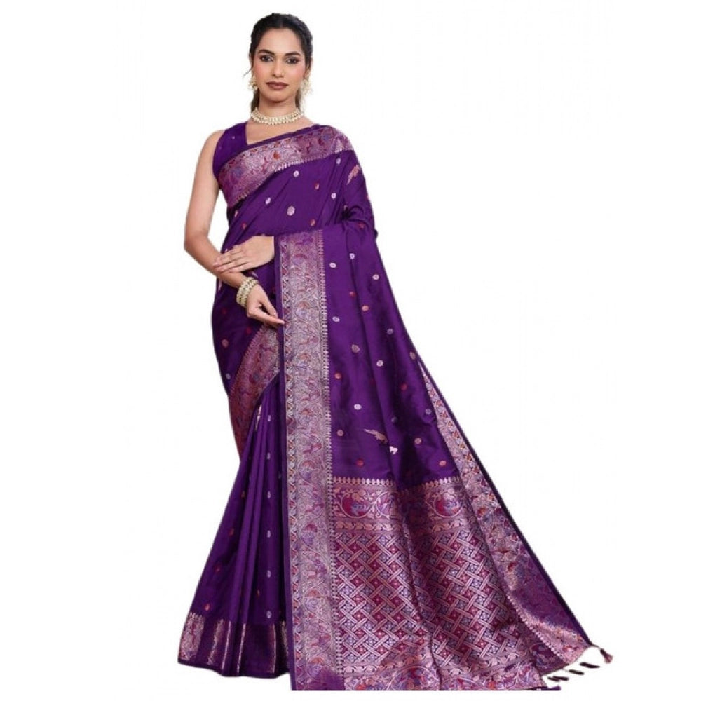 Generic Women's Jacquard Woven Saree With Unstitched Blouse 5.5MtrÂ (Purple)