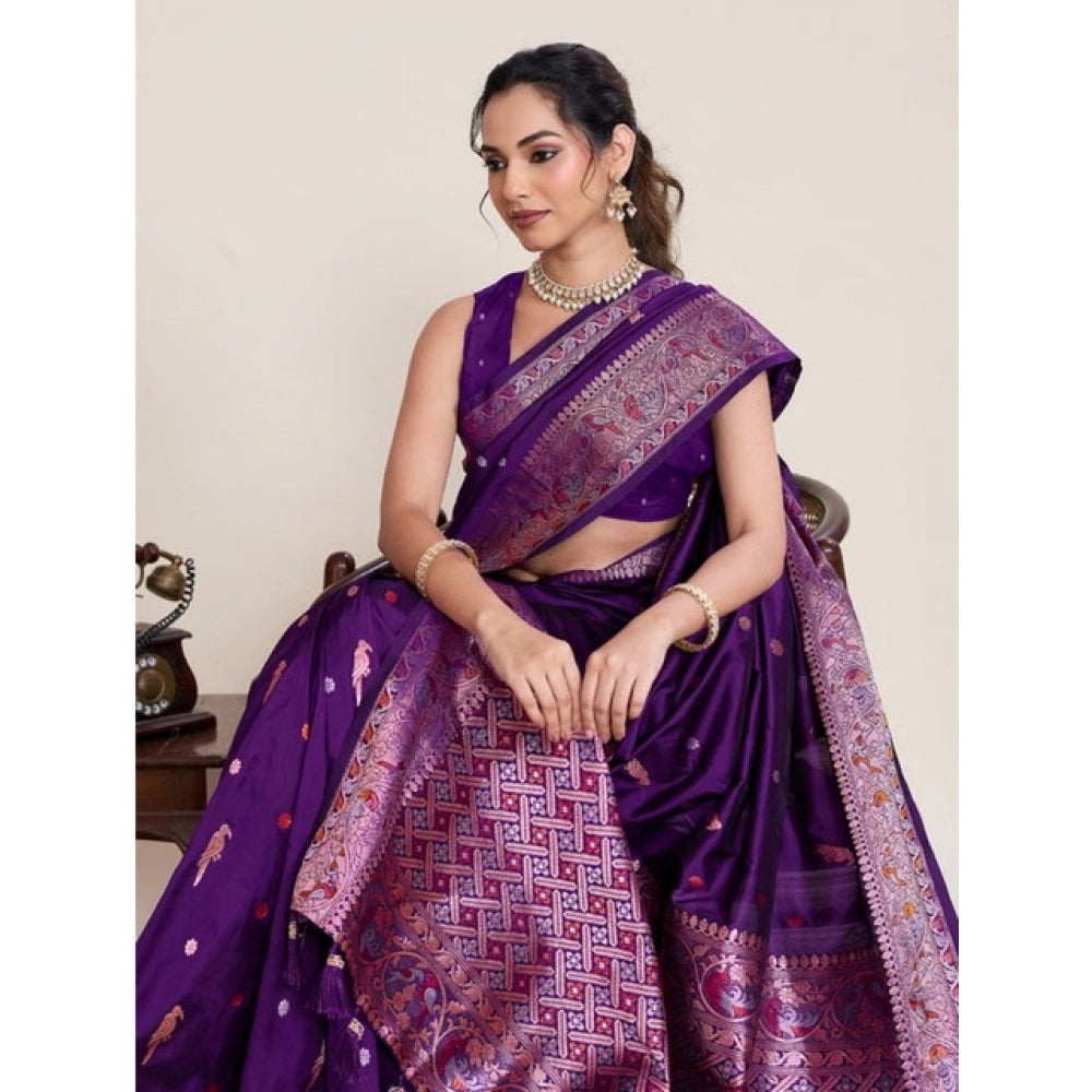 Generic Women's Jacquard Woven Saree With Unstitched Blouse 5.5MtrÂ (Purple)