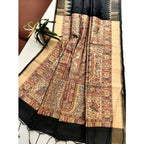 Generic Women's Tussar Silk Madhubani Saree With Unstitched Blouse 5.5MtrÂ (Black)
