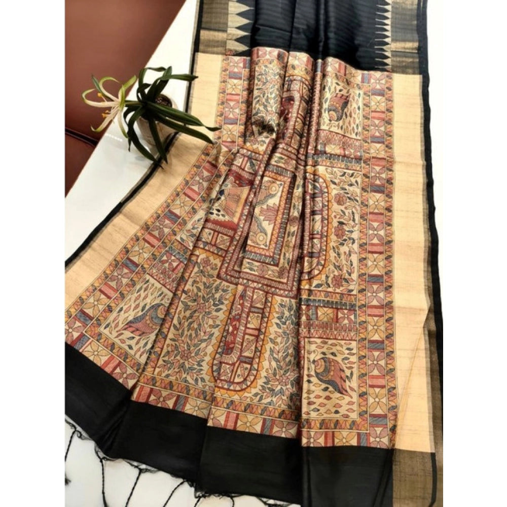 Generic Women's Tussar Silk Madhubani Saree With Unstitched Blouse 5.5MtrÂ (Black)