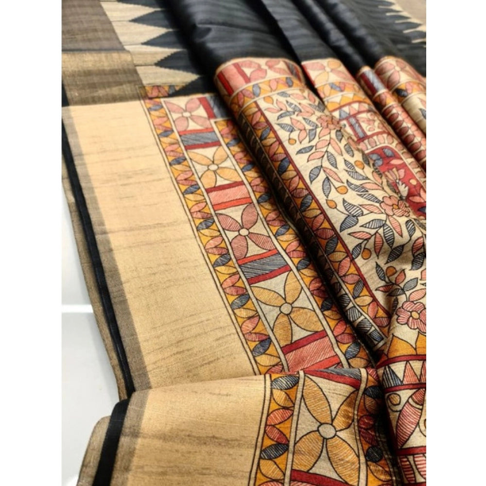 Generic Women's Tussar Silk Madhubani Saree With Unstitched Blouse 5.5MtrÂ (Black)
