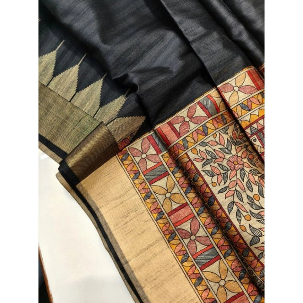 Generic Women's Tussar Silk Madhubani Saree With Unstitched Blouse 5.5MtrÂ (Black)