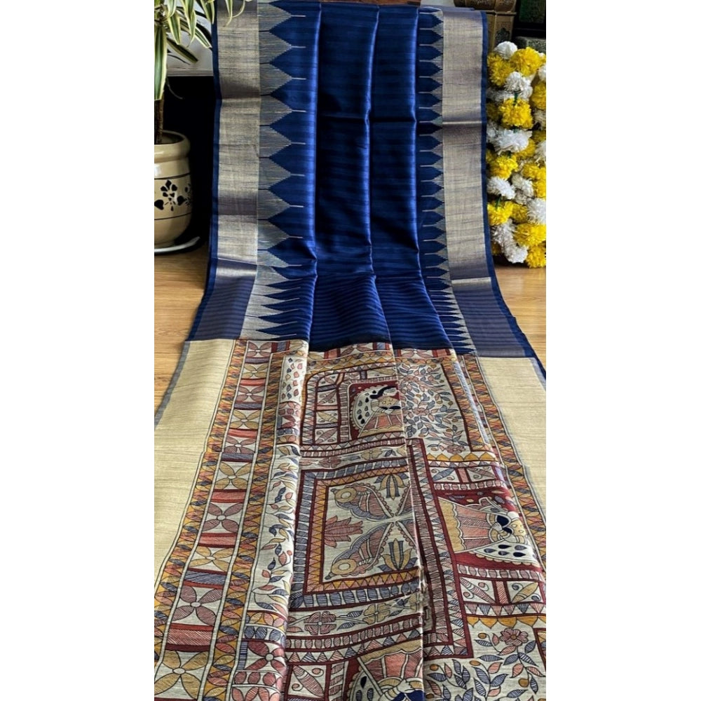 Generic Women's Tussar Silk Madhubani Saree With Unstitched Blouse 5.5MtrÂ (Blue)