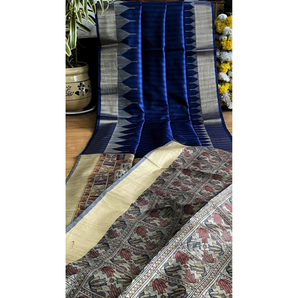 Generic Women's Tussar Silk Madhubani Saree With Unstitched Blouse 5.5MtrÂ (Blue)