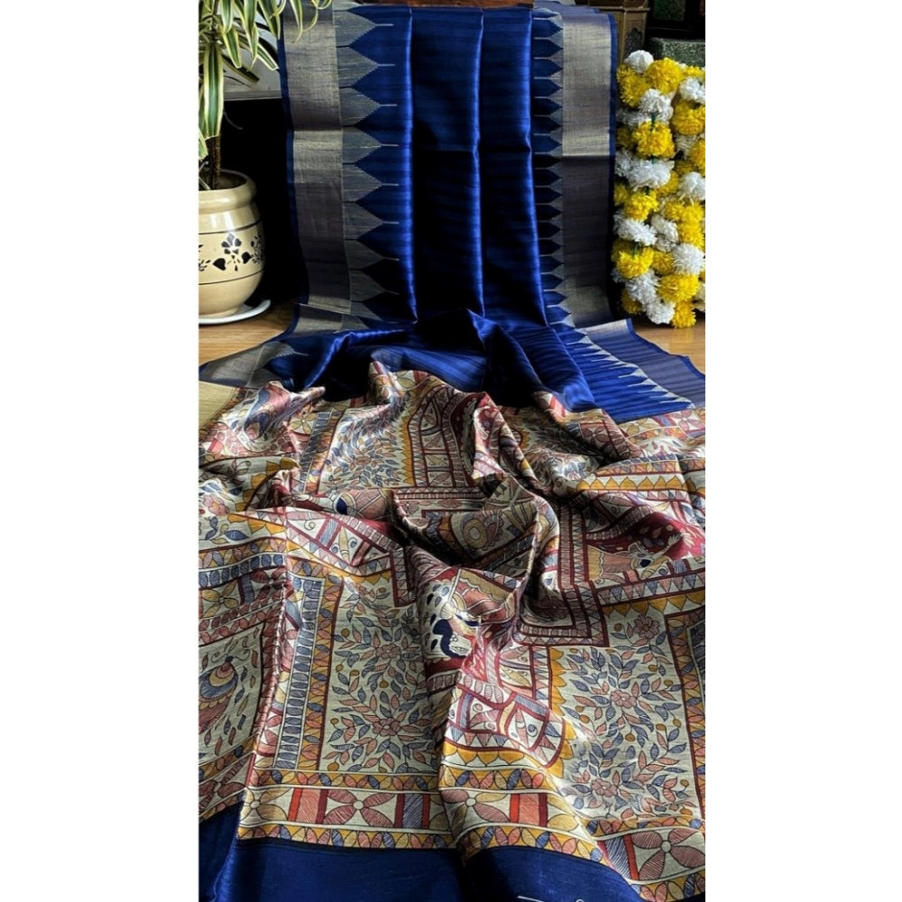 Generic Women's Tussar Silk Madhubani Saree With Unstitched Blouse 5.5MtrÂ (Blue)