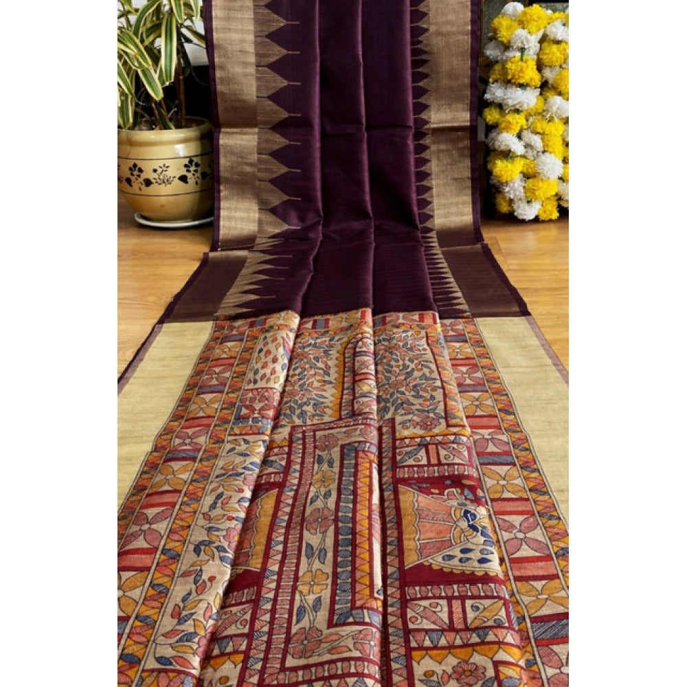 Generic Women's Tussar Silk Madhubani Saree With Unstitched Blouse 5.5MtrÂ (Coffee)
