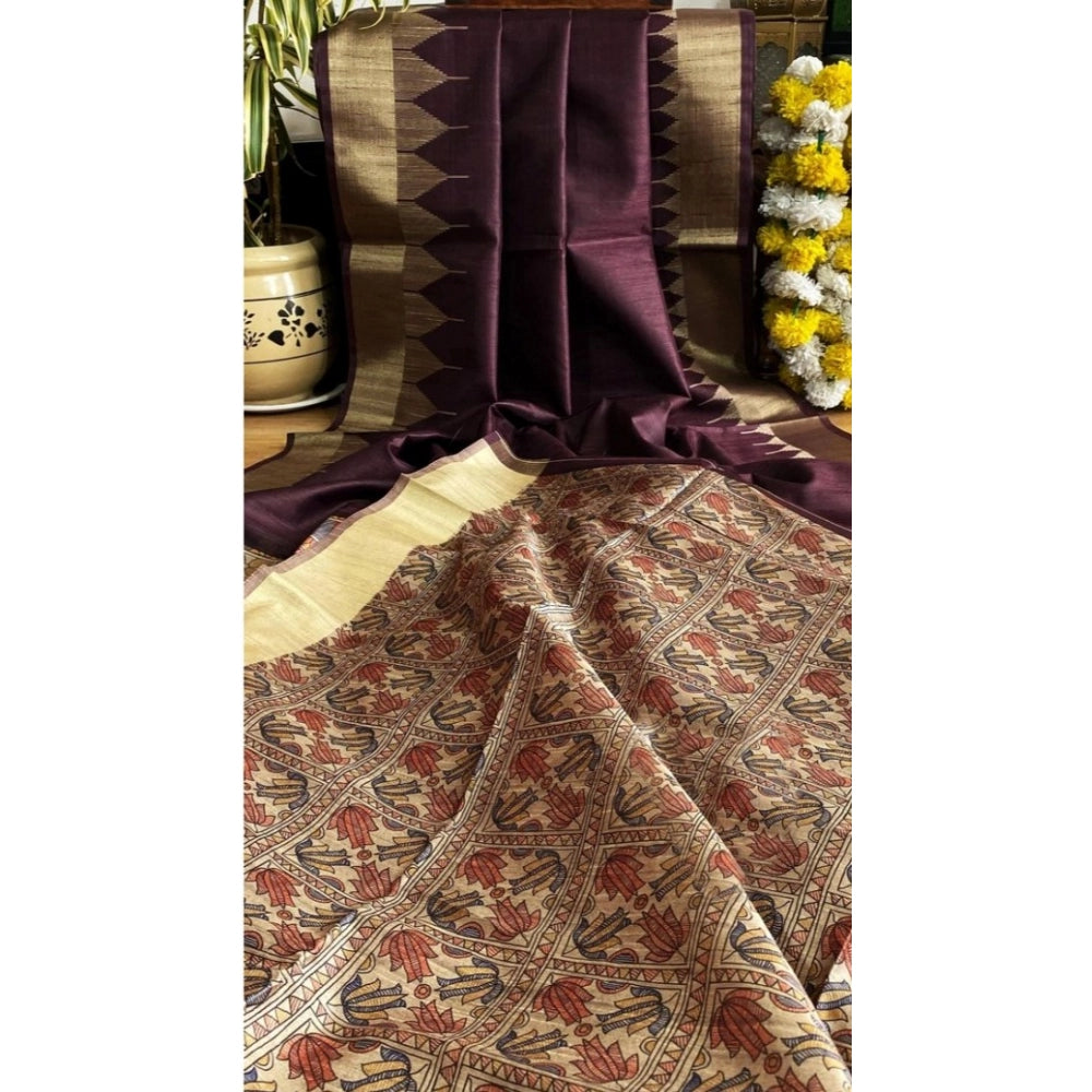 Generic Women's Tussar Silk Madhubani Saree With Unstitched Blouse 5.5MtrÂ (Coffee)