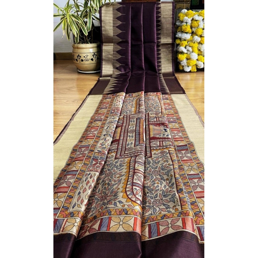 Generic Women's Tussar Silk Madhubani Saree With Unstitched Blouse 5.5MtrÂ (Coffee)
