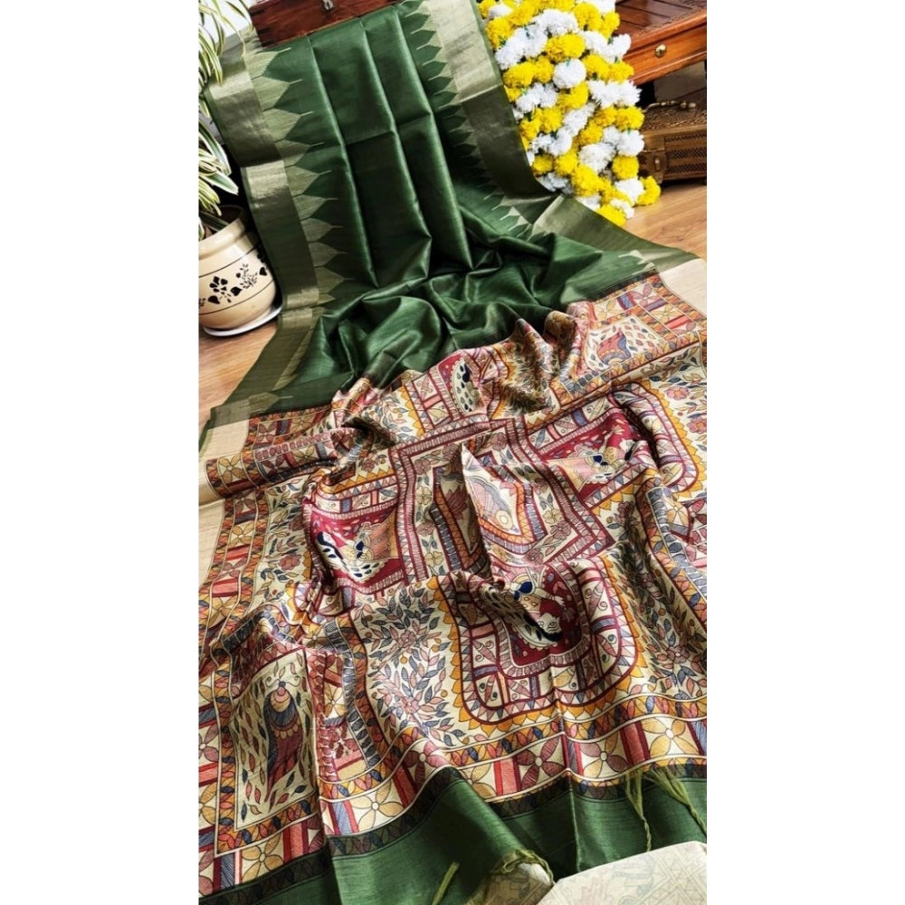 Generic Women's Tussar Silk Madhubani Saree With Unstitched Blouse 5.5MtrÂ (Green)